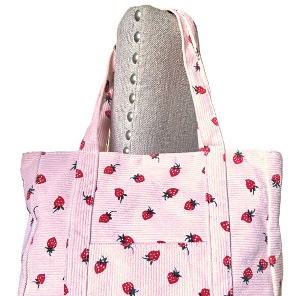 Spacious Pink Corduroy Zipper Tote Bag Strawberries Strawberry Pattern Handbag - Picture 3 of 6